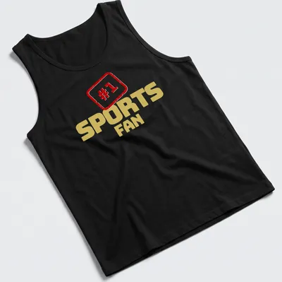 Bold retro #1 Sports Fan t-shirt in gold with red lettering — printed on a tank top