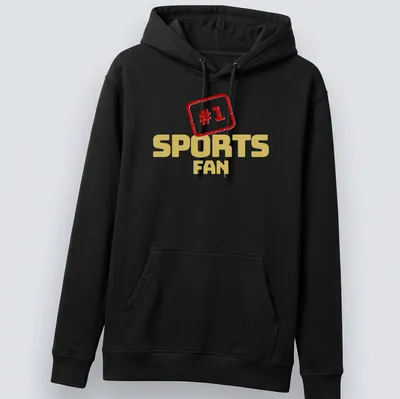 Bold retro #1 Sports Fan t-shirt in gold with red lettering — printed on a unisex hoodie