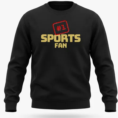 Bold retro #1 Sports Fan t-shirt in gold with red lettering — printed on a unisex sweatshirt