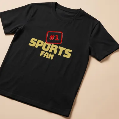 Bold retro #1 Sports Fan t-shirt in gold with red lettering