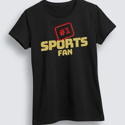 Bold retro #1 Sports Fan t-shirt in gold with red lettering — printed on a women's shirt