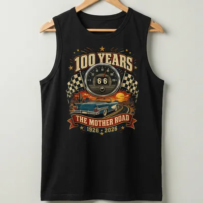Vintage retro T-shirt featuring a classic car and Route 66 anniversary text. — printed on a tank top
