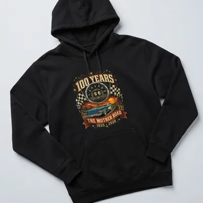 Vintage retro T-shirt featuring a classic car and Route 66 anniversary text. — printed on a unisex hoodie