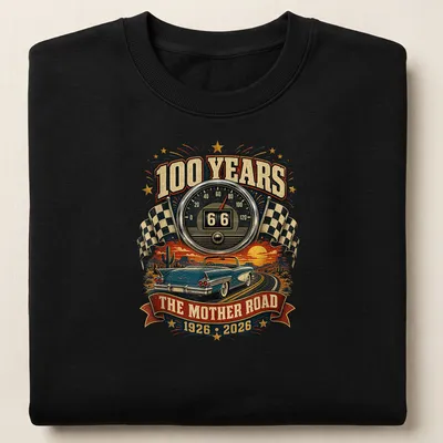 Vintage retro T-shirt featuring a classic car and Route 66 anniversary text. — printed on a unisex sweatshirt