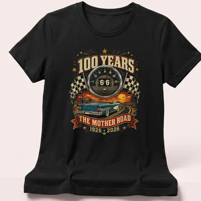 Vintage retro T-shirt featuring a classic car and Route 66 anniversary text. — printed on a women's shirt