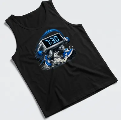 Cartoonish running clock graphic with the text '7:30' in blue and gray — printed on a tank top