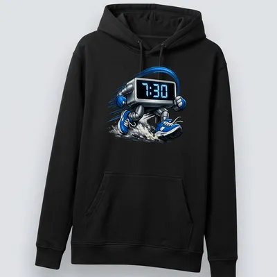 Cartoonish running clock graphic with the text '7:30' in blue and gray — printed on a unisex hoodie