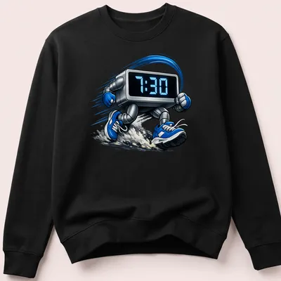 Cartoonish running clock graphic with the text '7:30' in blue and gray — printed on a unisex sweatshirt
