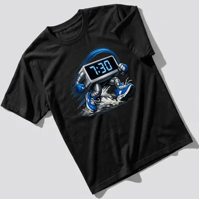 Cartoonish running clock graphic with the text '7:30' in blue and gray