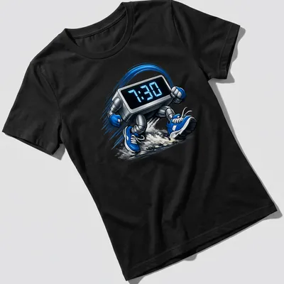 Cartoonish running clock graphic with the text '7:30' in blue and gray — printed on a women's shirt
