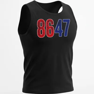 Distressed graphic featuring the numbers 8647 in red and blue. — printed on a tank top