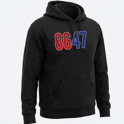 Distressed graphic featuring the numbers 8647 in red and blue. — printed on a unisex hoodie