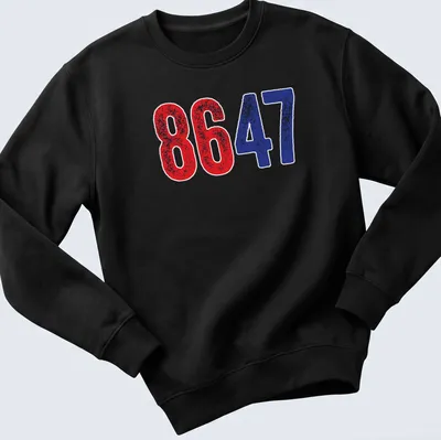 Distressed graphic featuring the numbers 8647 in red and blue. — printed on a unisex sweatshirt