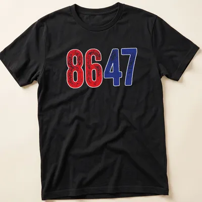 Distressed graphic featuring the numbers 8647 in red and blue.