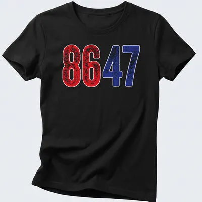 Distressed graphic featuring the numbers 8647 in red and blue. — printed on a women's shirt