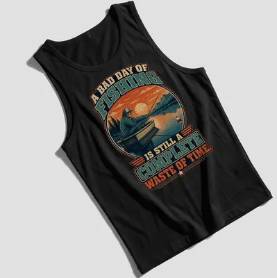 Vintage retro tee featuring a fisherman in a boat with humorous fishing quote — printed on a tank top