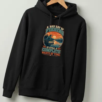 Vintage retro tee featuring a fisherman in a boat with humorous fishing quote — printed on a unisex hoodie