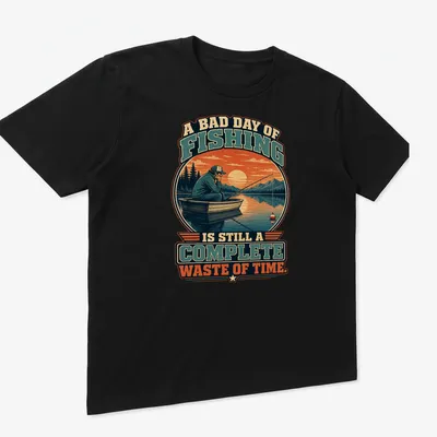 Vintage retro tee featuring a fisherman in a boat with humorous fishing quote — printed on a unisex t-shirt (angled view)