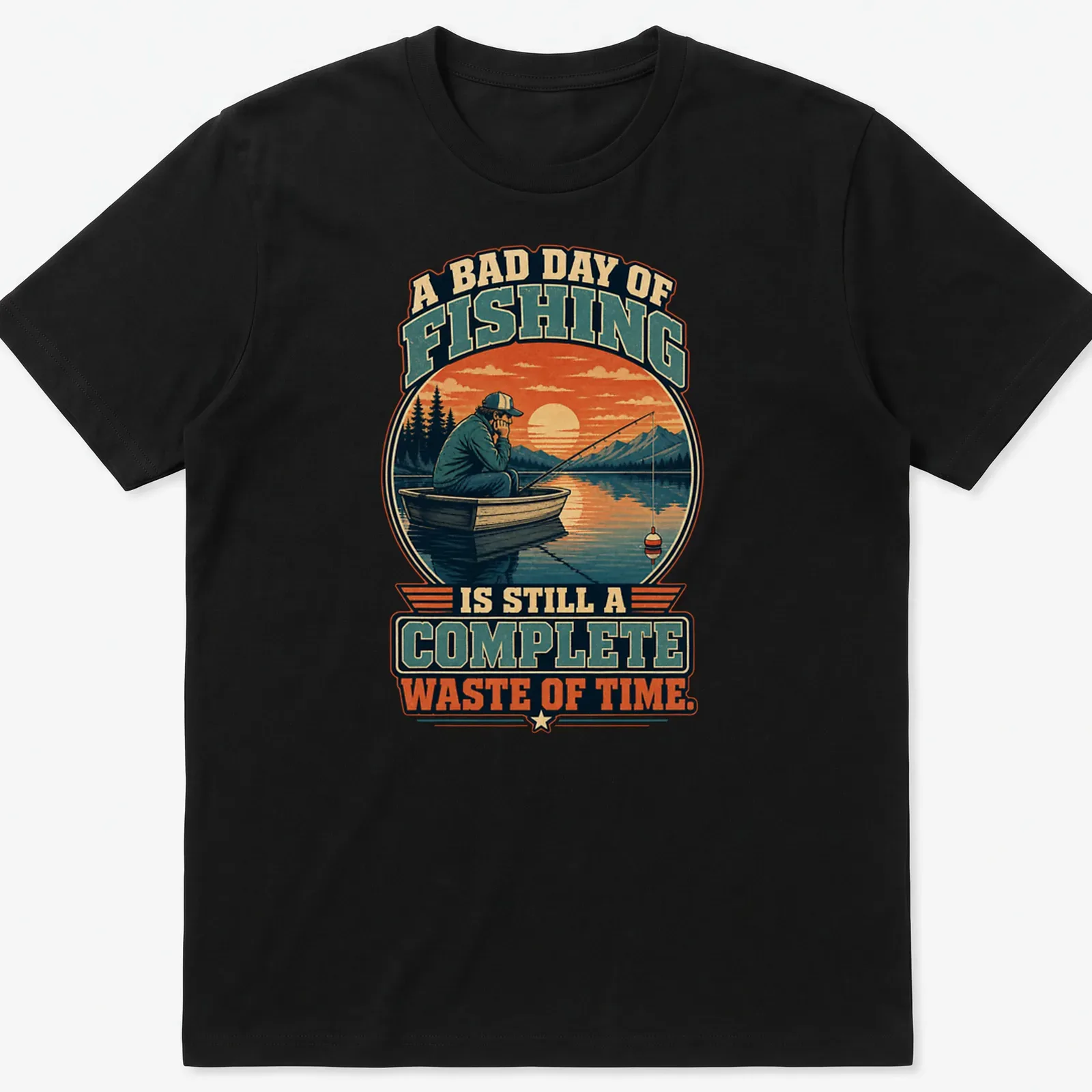 Vintage retro tee featuring a fisherman in a boat with humorous fishing quote — printed on a unisex t-shirt