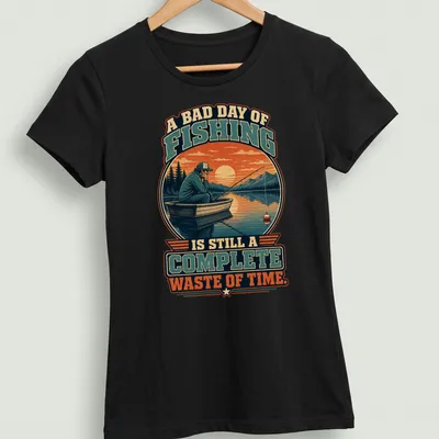 Vintage retro tee featuring a fisherman in a boat with humorous fishing quote — printed on a women's shirt