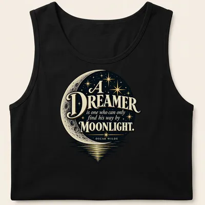 Vintage celestial T-shirt with Oscar Wilde quote and crescent moon design — printed on a tank top