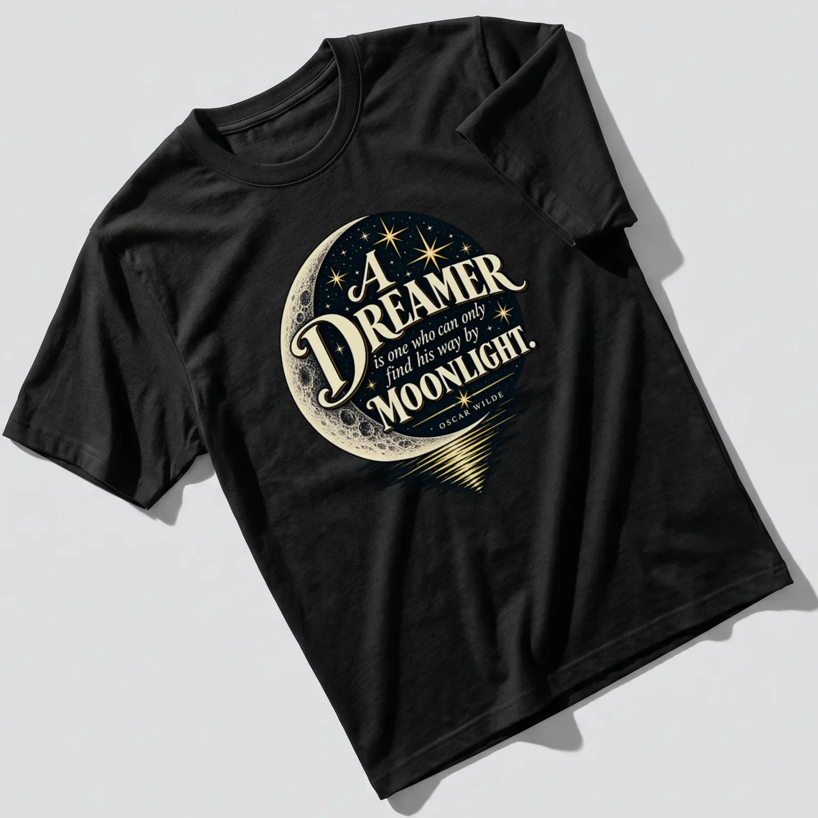 Vintage celestial T-shirt with Oscar Wilde quote and crescent moon design — printed on a unisex t-shirt