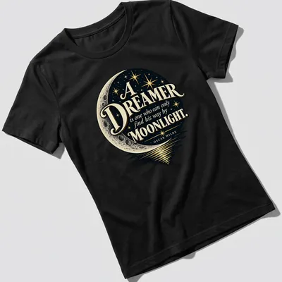 Vintage celestial T-shirt with Oscar Wilde quote and crescent moon design — printed on a women's shirt