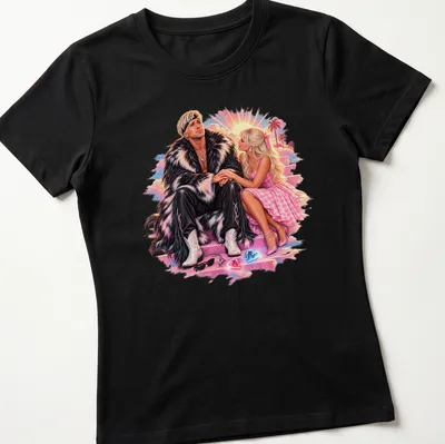 Vibrant retro print of a stylish couple with text "A Liberated Man" — printed on a women's shirt
