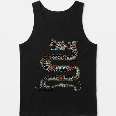 Intricate Maya-inspired serpent design with colorful elements and bold text — printed on a tank top