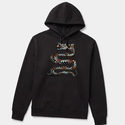 Intricate Maya-inspired serpent design with colorful elements and bold text — printed on a unisex hoodie