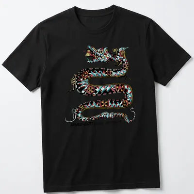 Intricate Maya-inspired serpent design with colorful elements and bold text