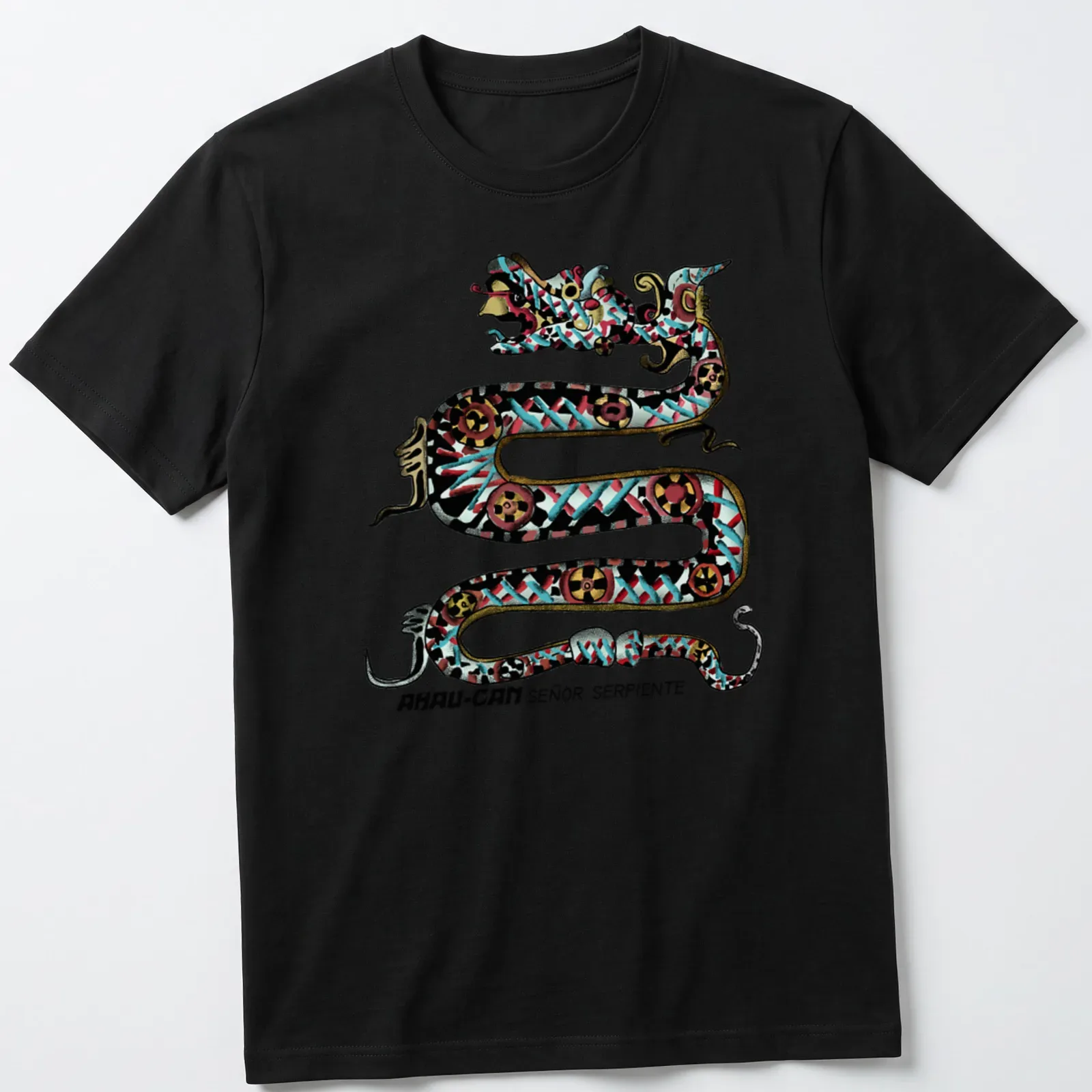 Intricate Maya-inspired serpent design with colorful elements and bold text — printed on a unisex t-shirt