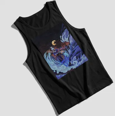 Detailed illustration of a water bender character in blue and purple tones — printed on a tank top