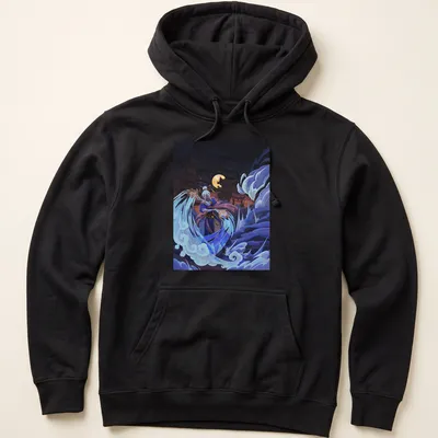 Detailed illustration of a water bender character in blue and purple tones — printed on a unisex hoodie
