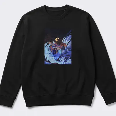 Detailed illustration of a water bender character in blue and purple tones — printed on a unisex sweatshirt