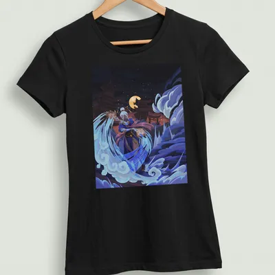 Detailed illustration of a water bender character in blue and purple tones — printed on a women's shirt