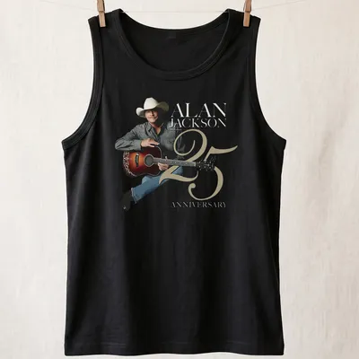 Illustration of Alan Jackson with guitar celebrating 25 years in country music — printed on a tank top