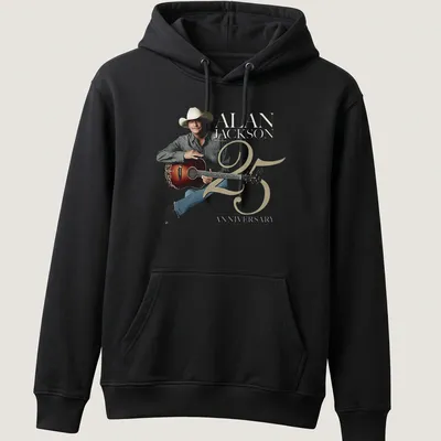 Illustration of Alan Jackson with guitar celebrating 25 years in country music — printed on a unisex hoodie