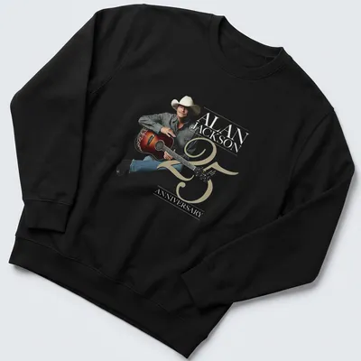 Illustration of Alan Jackson with guitar celebrating 25 years in country music — printed on a unisex sweatshirt