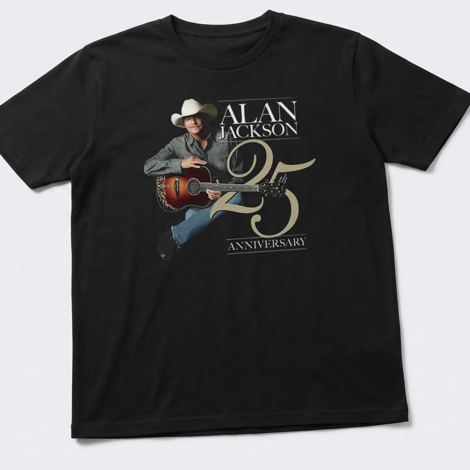 Illustration of Alan Jackson with guitar celebrating 25 years in country music — printed on a unisex t-shirt