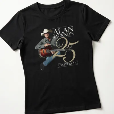 Illustration of Alan Jackson with guitar celebrating 25 years in country music — printed on a women's shirt