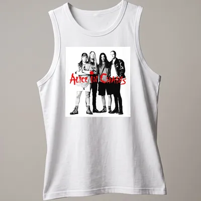 Black and white band photo of Alice in Chains with bold red text — printed on a tank top