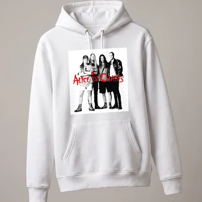 Black and white band photo of Alice in Chains with bold red text — printed on a unisex hoodie