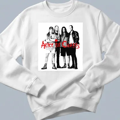 Black and white band photo of Alice in Chains with bold red text — printed on a unisex sweatshirt