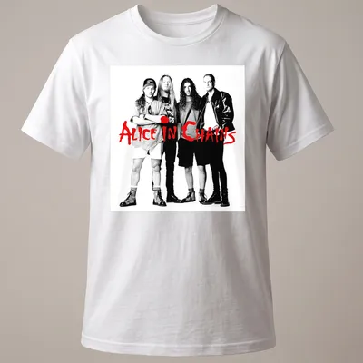 Black and white band photo of Alice in Chains with bold red text
