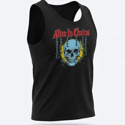 Vintage distressed Alice In Chains T-shirt featuring a skull and chains graphic — printed on a tank top