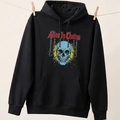 Vintage distressed Alice In Chains T-shirt featuring a skull and chains graphic — printed on a unisex hoodie