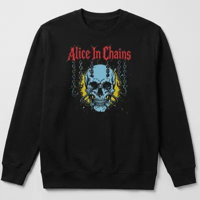 Vintage distressed Alice In Chains T-shirt featuring a skull and chains graphic — printed on a unisex sweatshirt