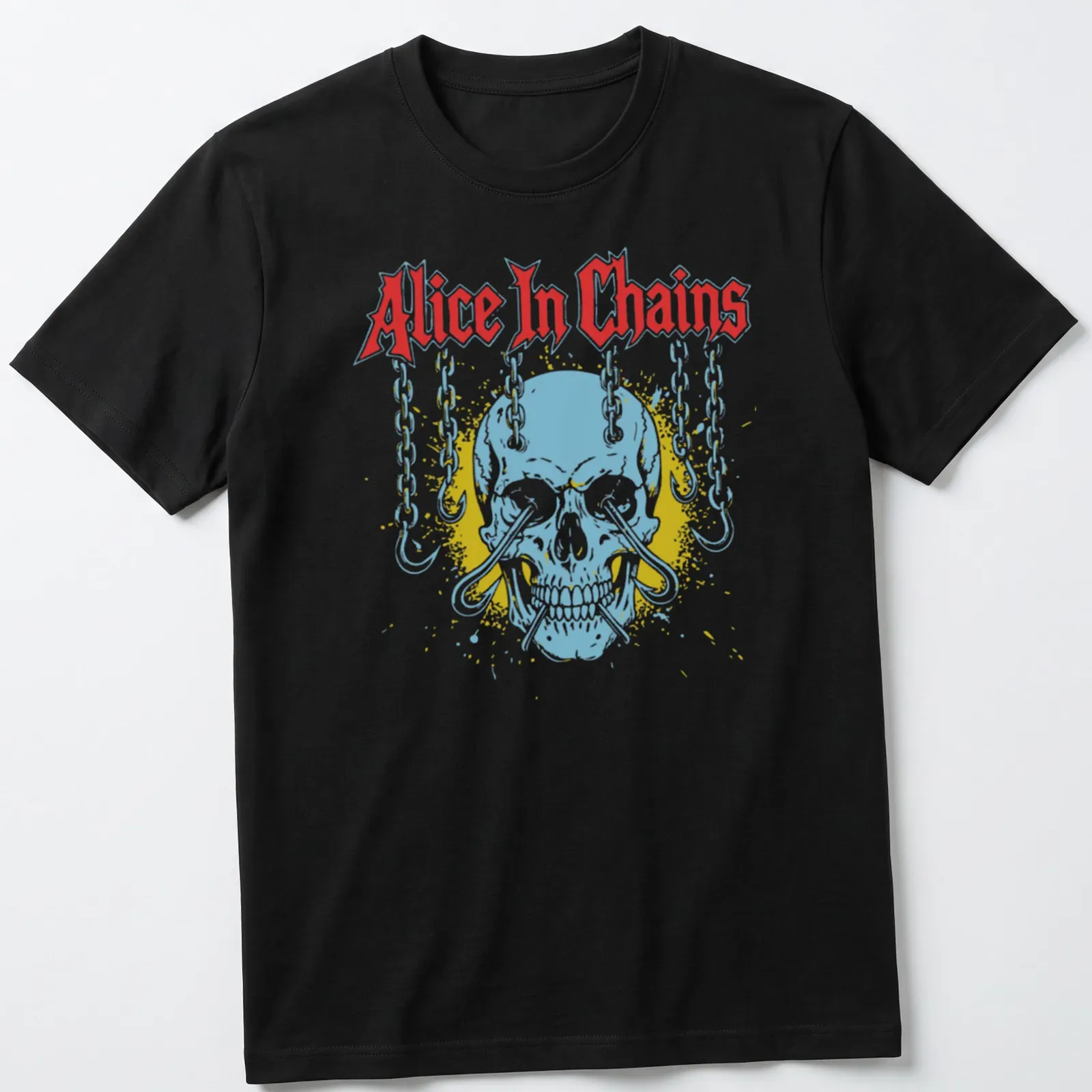 Vintage distressed Alice In Chains T-shirt featuring a skull and chains graphic — printed on a unisex t-shirt