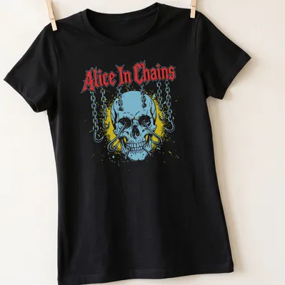 Vintage distressed Alice In Chains T-shirt featuring a skull and chains graphic — printed on a women's shirt